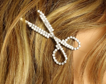 Scissors Bobby Pin Barrette Clear Rhinestone Silver Tone Hair Jewelry