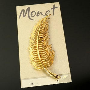 Monet Feather Brooch Large Leaf Openwork Textured Gold Tone