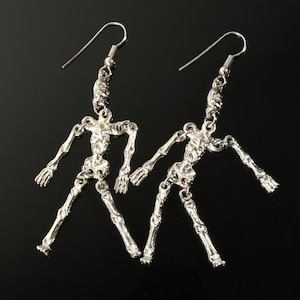 Halloween Skeleton Earrings Pierced Dangles Silver Tone Articulated Skeleton Earrings
