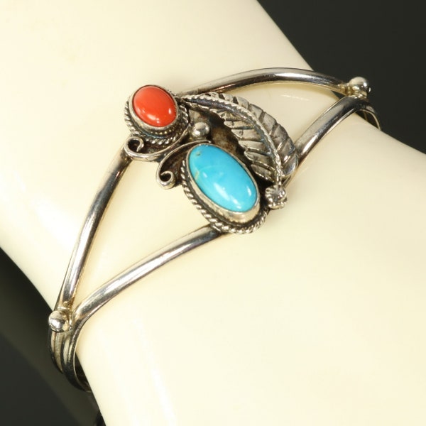 1970s Navajo Cuff Bracelet Blue Sleeping Beauty Turquoise and Red Spiny Oyster Sterling Silver Native American Gemstone Jewelry