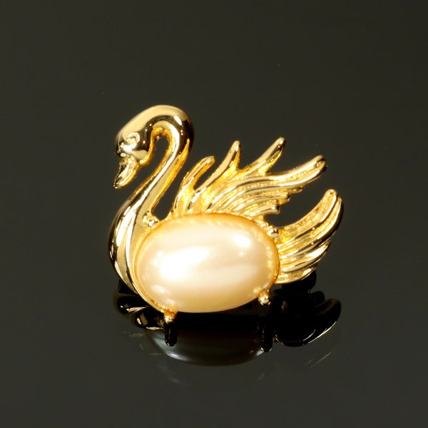 Swan Pin Brooch Signed Richelieu Glass Faux Pearl Gold Tone