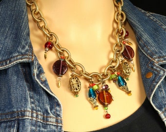 Fringe Necklace Drippy Glass Bead Filigree Bead Chunky Ribbed Cable Chain Gold Tone