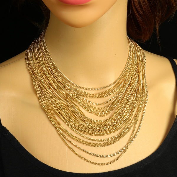 Vendome Signed Necklace Multi-Chain Bib Choker Gold Tone Curb and Scroll Chains