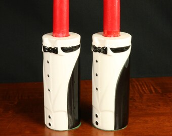 Tuxedo Candlestick Holders Ceramic Black and White Figural Tux