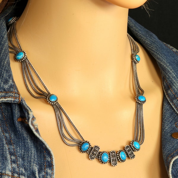 Festoon Necklace Turkish Anatoli Sterling Silver Howlite Dyed Blue Gemstone Oval Cabs