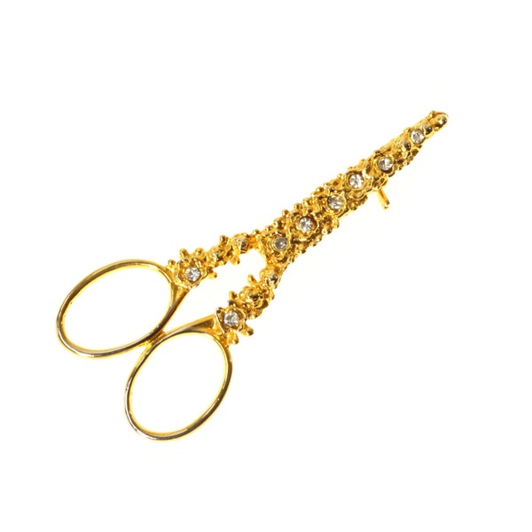 Jeweled Scissors Brooch Pin Clear Rhinestone Textured Gold Tone Figural Pin