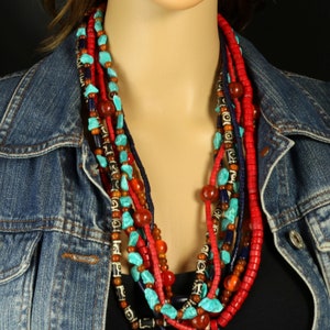 Ethnic Necklace Beaded Multi-Strand Tribal Style Wood Glass Gemstone Beads Blue Red Orange Brown