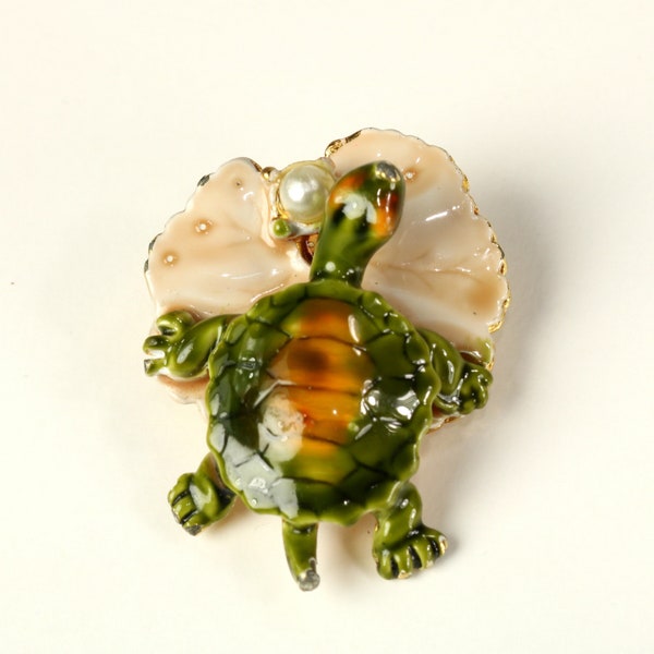 Enamel Turtle Brooch Pin Lily Pad with Genuine Pearl Unsigned Original by Robert