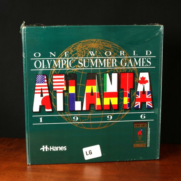 Hanes Olympic 1996 Atlanta Summer Games Unopened Boxed Set – T-Shirt L Hat Commemorative Pins COA