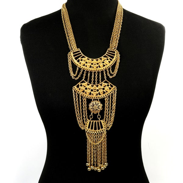 Unsigned Goldette Necklace Egyptian Revival Festoon Runway Piece Multi-Chain Fringe Bead Drop Gold Tone