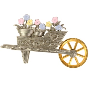 Flower Cart Brooch Jonette Jewelry Pastel Enamel Flowers Pewter Tone Signed JJ