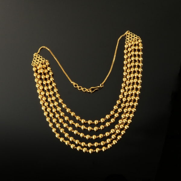 Indian Necklace Ribbed Ball Bead 5-Strand Bib 22K Gold-Plated Vintage Handmade