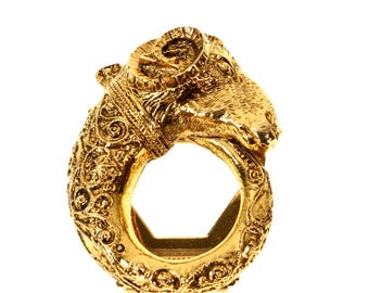 ART Ram Head Scarf Clip Brooch Pin Antiqued Gold Tone
