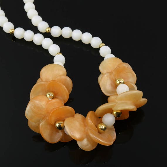 Napier Necklace Peach Resin Flower White Moonglow… - image 7