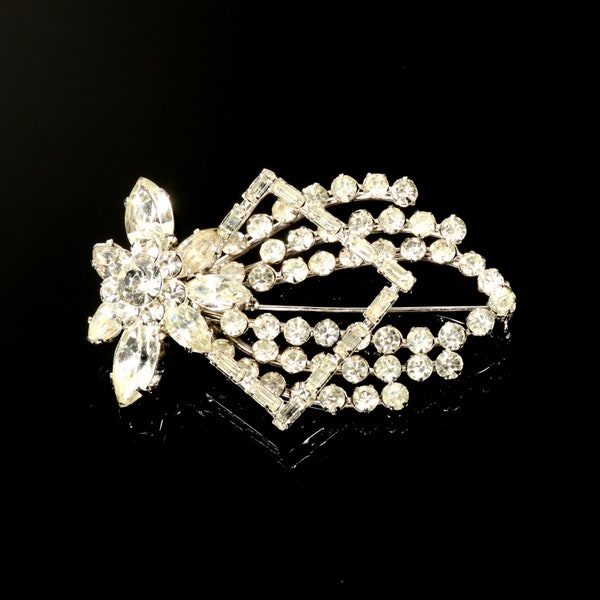 Clear Rhinestone Brooch Unusual Layered Pin Baguette Round and Marquise Faceted Crystals Silver Tone
