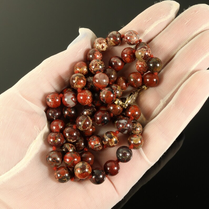 Brecciated Jasper Necklace 26-Inch Knotted Smooth Round 8 mm Natural Semi-Precious Gemstone Red Gray Rust Beads
