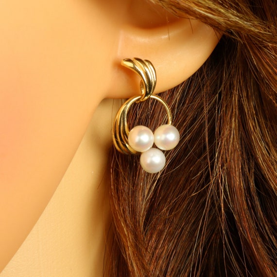 14K Pearl Earrings Yellow Gold Three Pearl Drop D… - image 1