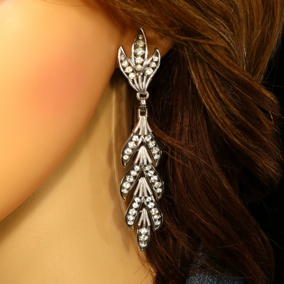 Crown Trifari Earrings Long Leaf Drop Rhinestone … - image 1