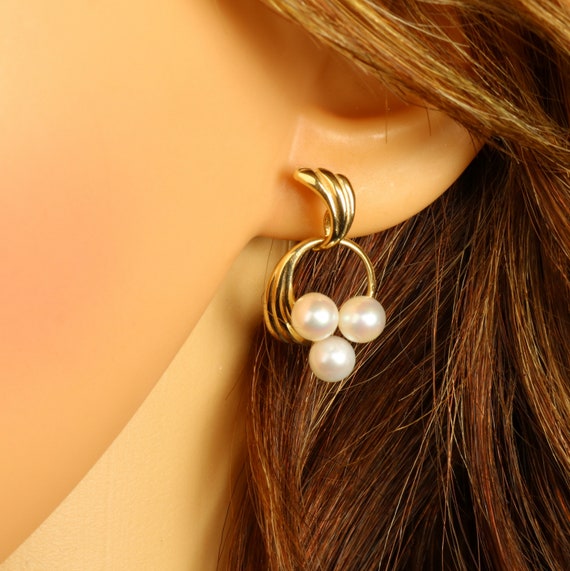 14K Pearl Earrings Yellow Gold Three Pearl Drop D… - image 10