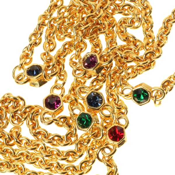 Mogul Station Necklace Jewel Tone Rhinestone Connectors Rolo Gold-Plated Chain