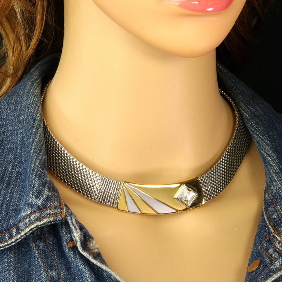 Panther Mesh Choker Necklace Two-Tone Square CZ A… - image 3