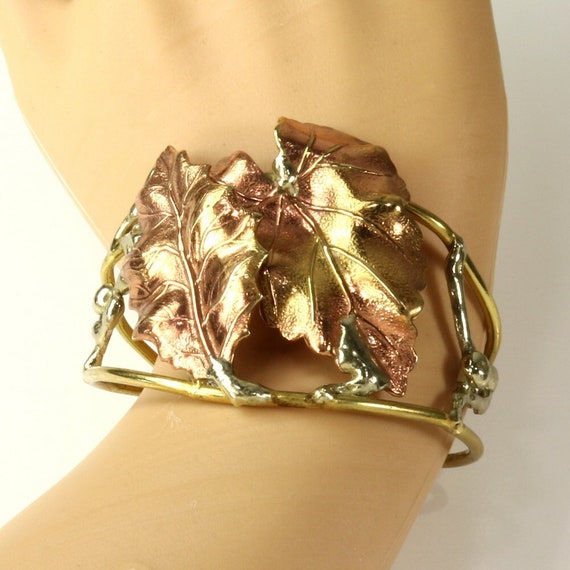 Wide Cuff Bracelet Lily Pad Leaves Hand Forged Tr… - image 1