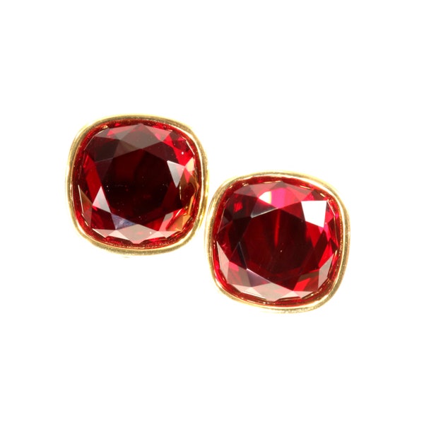 Early Swarovski Earrings Red Faceted Crystal Cushion Shape Gold Plated Clip Earrings