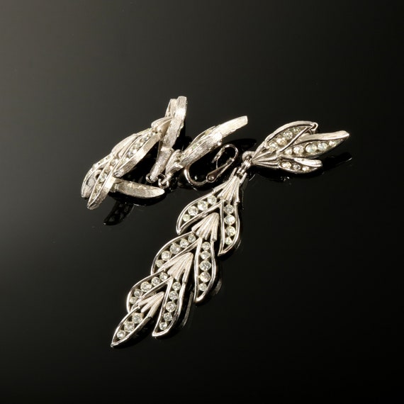 Crown Trifari Earrings Long Leaf Drop Rhinestone … - image 5