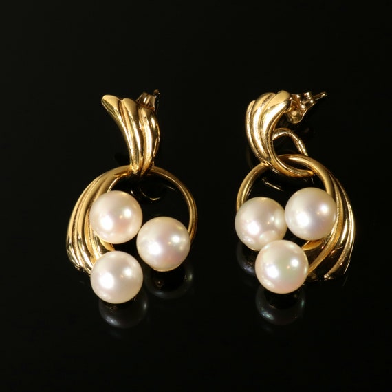 14K Pearl Earrings Yellow Gold Three Pearl Drop D… - image 1