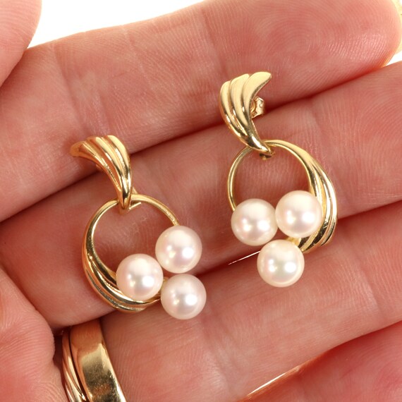 14K Pearl Earrings Yellow Gold Three Pearl Drop D… - image 8