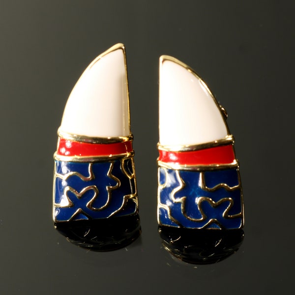 Carolee Earrings Tribal Style Tooth Enamel Clips Red White Blue Gold Tone