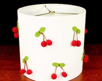 Vintage Cherry Drum Lamp Shade, 3D Pom Pom Cherries, White Textured Fabric