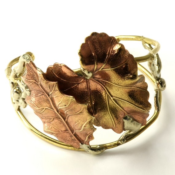 Wide Cuff Bracelet Lily Pad Leaves Hand Forged Tr… - image 10