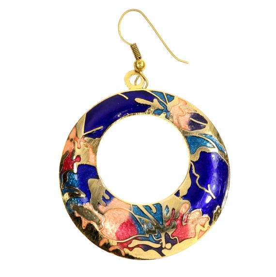 Cloisonné Dangle Hoops Enamel Earrings Pierced Ea… - image 5