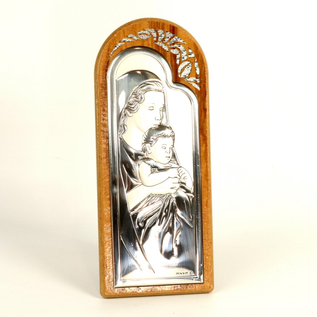 Italian Sterling Silver Madonna Child Icon Plaque on Wood Stand or Wall ...