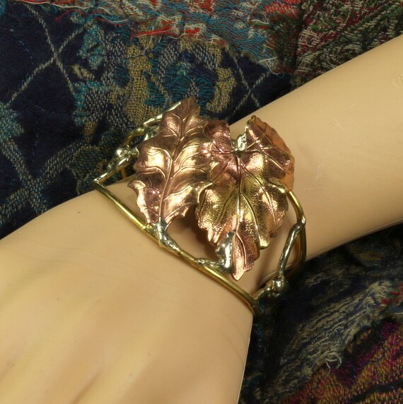 Wide Cuff Bracelet Lily Pad Leaves Hand Forged Tr… - image 7