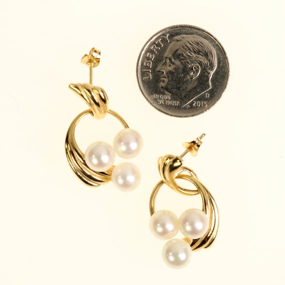 14K Pearl Earrings Yellow Gold Three Pearl Drop D… - image 6