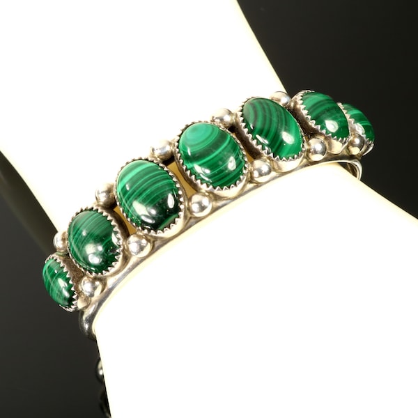 Native American Bracelet Malachite Gemstones Sterling Cuff Bracelet Signed PY Patrick Yazzie