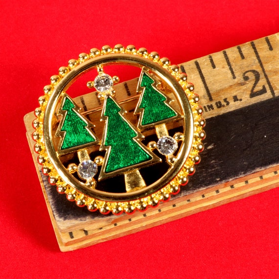 Monet Christmas Brooch Mod Three Tree Green Ename… - image 6