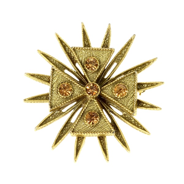 Benedikt NY Brooch Maltese Cross Starburst Morganite Rhinestone Antiqued Textured Gold Tone