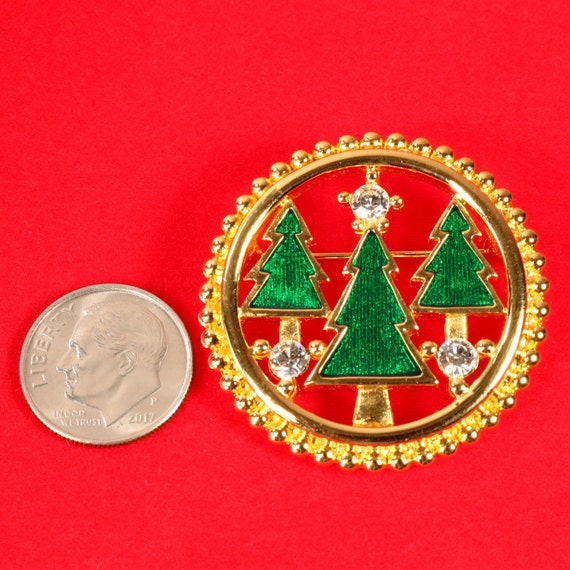 Monet Christmas Brooch Mod Three Tree Green Ename… - image 5