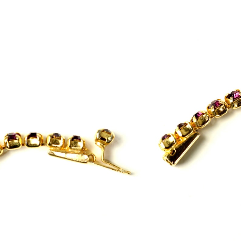Vintage 1960s Bib Necklace Dusty Purple Rhinestone Art Deco Style Crystal Baguette Chaton Chain Gold Plated