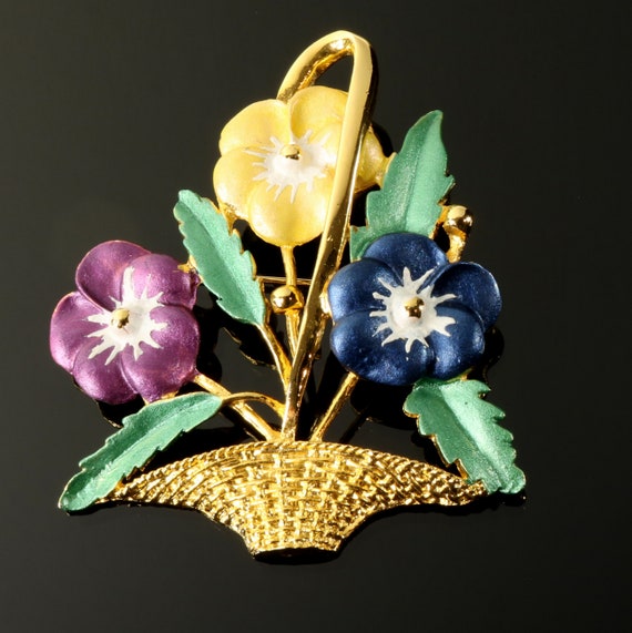 Pansy Basket Brooch Pendant Purple Yellow Green M… - image 2