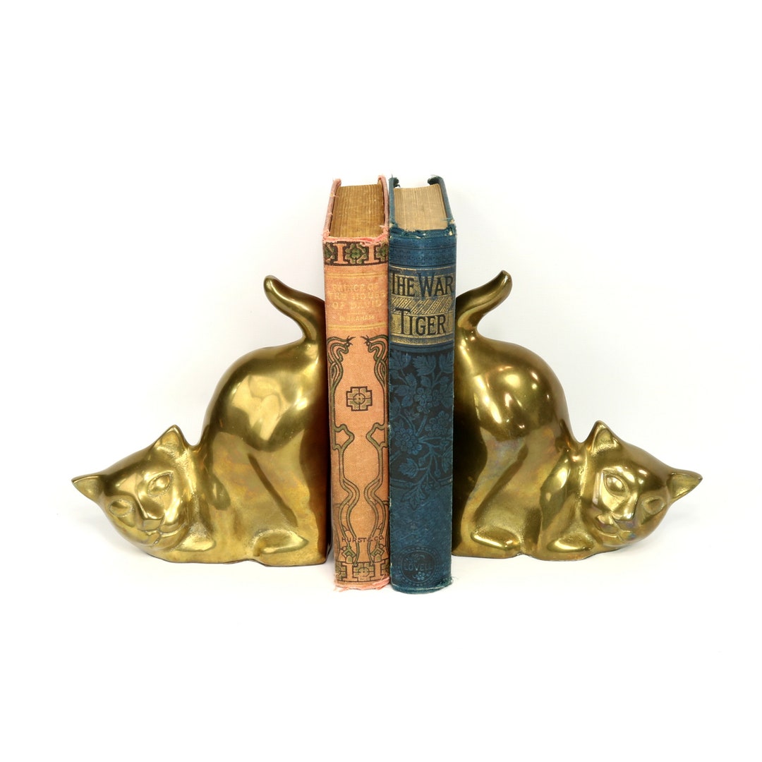 Brass Cat Bookends Bookend Pair Tails up Korea Etsy