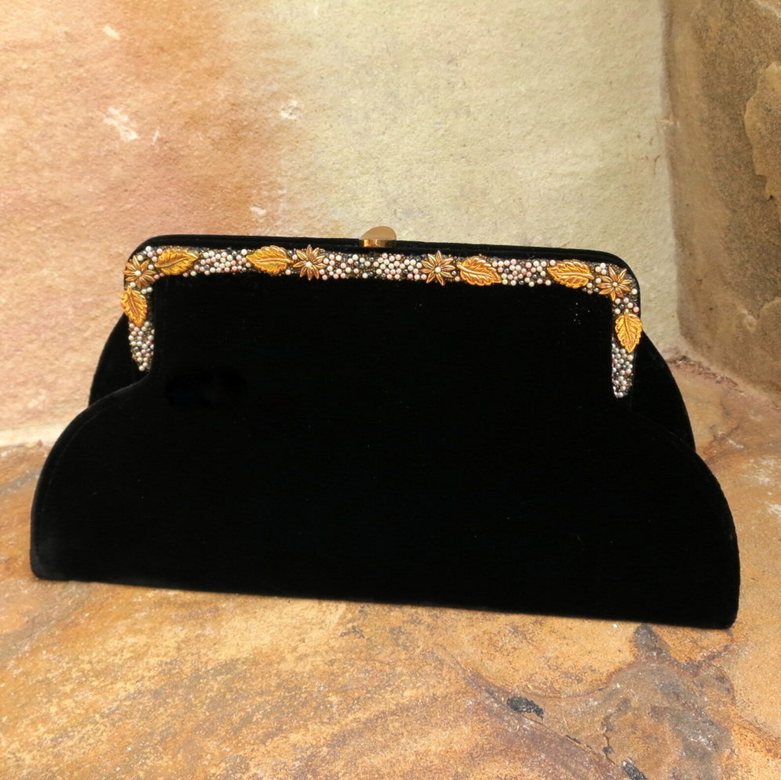 Black Velvet Clutch 1950s Evening Bag Purse Seed Pearl and Etsy