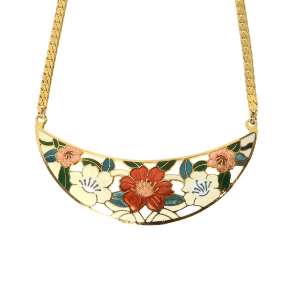 Cloisonné Choker Crescent Necklace Floral Champlevé Enamel Gold Tone Herringbone Chain