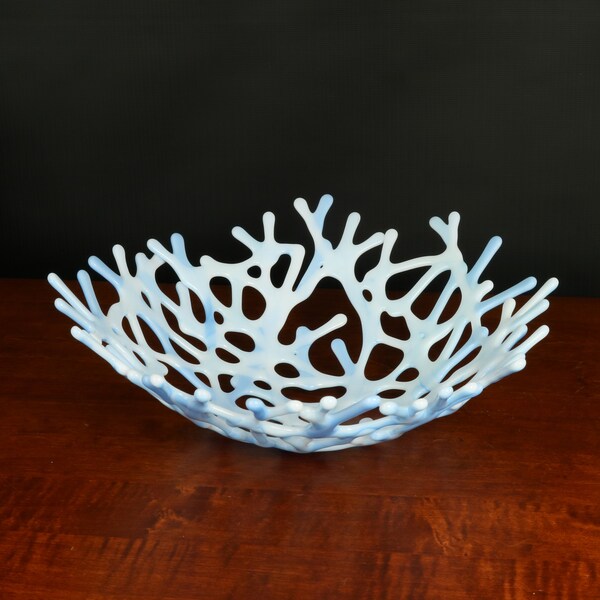 Web Fused Glass Bowl Coral Branch Style in Mottled Light Blue