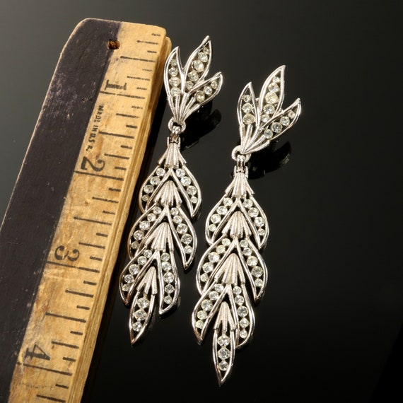 Crown Trifari Earrings Long Leaf Drop Rhinestone … - image 8