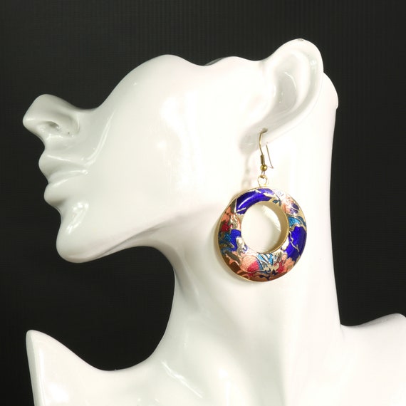 Cloisonné Dangle Hoops Enamel Earrings Pierced Ea… - image 3