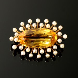 14K Citrine Brooch Pin Atomic Design Yellow Gold with Genuine Seed Pearls Etsy
